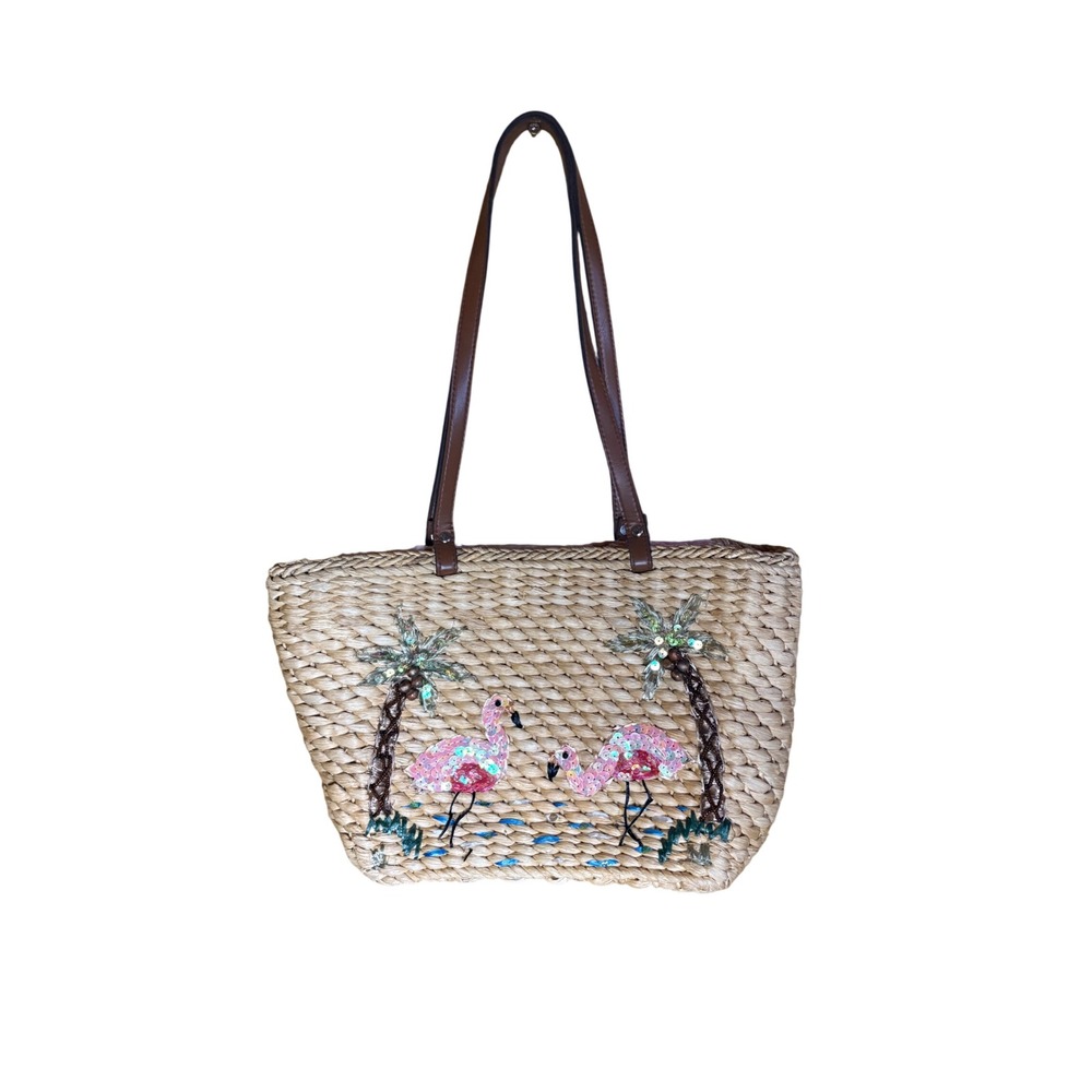 Y2K Beachy Cappelli Straworld Woven Straw Flamingo Sequin Pink Tropical Bag